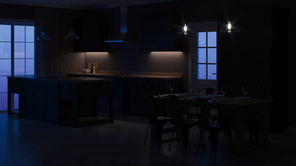 Modern house interior. Interior with black kitchen. Night. Evening lighting. 3D rendering.