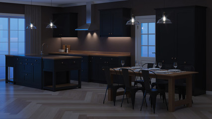 Modern house interior. Interior with black kitchen. Night. Evening lighting. 3D rendering.