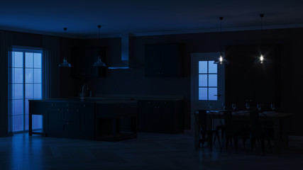 Modern house interior. Interior with black kitchen. Night. Evening lighting. 3D rendering.