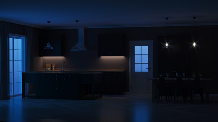 Modern house interior. Interior with black kitchen. Night. Evening lighting. 3D rendering.