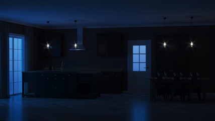 Modern house interior. Interior with black kitchen. Night. Evening lighting. 3D rendering.