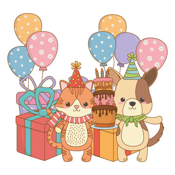 Animals cartoons with happy birthday cake design
