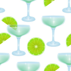 Seamless Endless Pattern on white background, pattern with Alcoholic cocktails and lemon slices, Can be used in food industry for wallpapers, posters, wrapping paper. Vector illustration