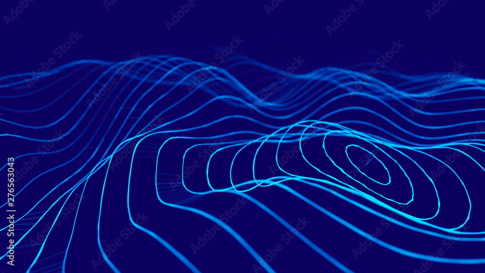 Poster Wave 3d. 3D blue glowing abstract background. Abstract background with a dynamic wave. Big data visualization. 3d rendering.