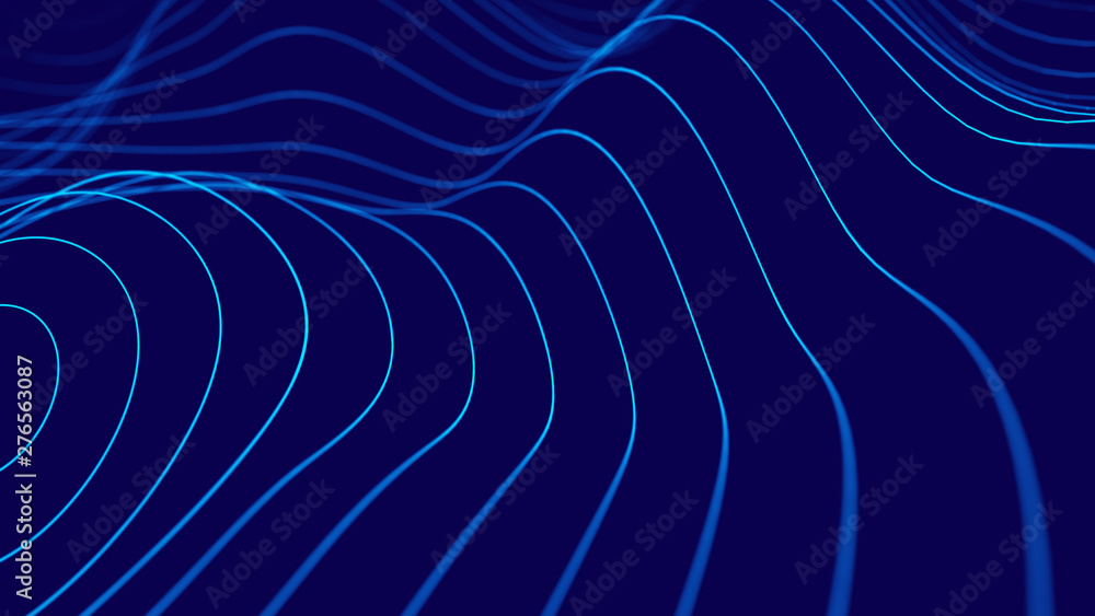 Poster Wave 3d. 3D blue glowing abstract background. Abstract background with a dynamic wave. Big data visualization. 3d rendering.