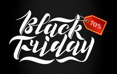 Handwritten modern brush lettering for Black Friday sale with a red tag on black background. Cool logo for banner, flyer, label, poster
