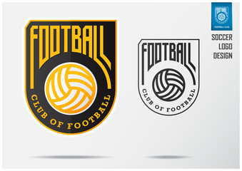 Soccer logo or Football Badge template design for football team. Sport emblem design of golden soccer ball on black  shield. Football club logo in black and white icon. Vector Illustration.