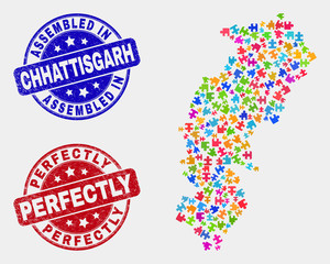 Puzzle Chhattisgarh State map and blue Assembled seal stamp, and Perfectly distress stamp. Bright vector Chhattisgarh State map mosaic of plug-in components. Red round Perfectly stamp.