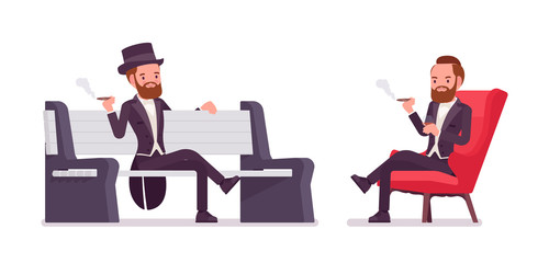 Gentleman in black tuxedo jacket sitting. High social rank man, fashionable dandy in classic suit, cylinder hat in club, park bench. Vector flat style cartoon illustration isolated on white background