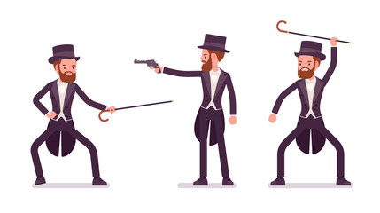 Gentleman in black tuxedo practice bartitsu self defense. High social rank man, fashionable dandy in classic suit and cylinder hat. Vector flat style cartoon illustration isolated on white background