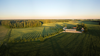 Fototapeta na wymiar Aerial view over rural landscape in a warm summer sunset tones. Agriculture land mixing with forest and meadows. Green crop fields along the curved river. Trees creating long shadows. 