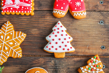 gingerbread, coffee and coffee beans (festive atmosphere christmas) happy new year. top food background. copy space