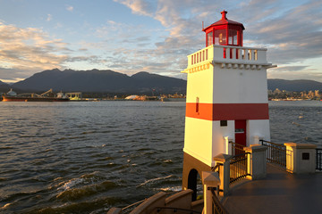 Fototapeta na wymiar Brockton Point Lighthouse Dusk. Brockton Point Lighthouse in Vancouver at the east end of Stanley Park on Burrard Inlet. British Columbia, Canada. 