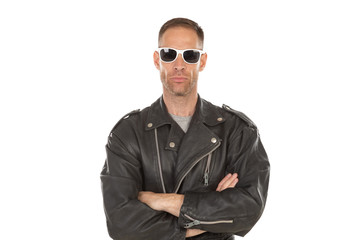 Happy cool guy with leather jacket an sunglasses