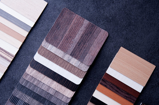 Construction Design. Interior Material Design concept. Wood texture floor Samples of laminate and vinyl floor tile. 1