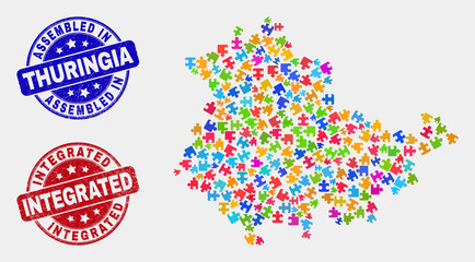 Element Thuringia Land map and blue Assembled seal, and Integrated scratched seal stamp. Colorful vector Thuringia Land map mosaic of puzzle connectors. Red rounded Integrated stamp.