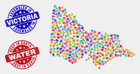 Bundle Australian Victoria map and blue Assembled stamp, and Best in Earth Water grunge stamp. Colorful vector Australian Victoria map mosaic of plug-in items. Red rounded Best in Earth Water stamp.