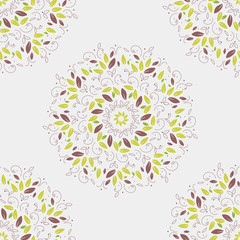 Fototapeta na wymiar seamless pattern. Mandala circle. Round tree leaves ornament on white background. Green vector illustration.Simple floral mandala print. Abstract flower medallion.