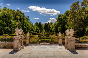 Fototapeta premium Walking through the Public Park of La Granja, located north of Madrid, 90 kilometers away in the province of Segovia, there is a large public park of great tourist attraction 