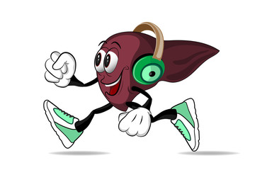 Healthy liver cartoon character isolated on white. Cheerful liver in sneakers and headphones on the run. Healthy lifestyle.
