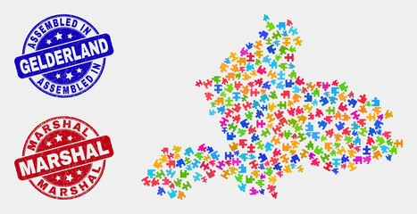 Bundle Gelderland Province map and blue Assembled seal, and Marshal textured seal stamp. Bright vector Gelderland Province map mosaic of puzzle connectors. Red rounded Marshal stamp.