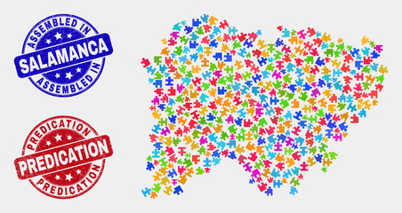 Module Salamanca Province map and blue Assembled seal stamp, and Predication scratched seal stamp. Colorful vector Salamanca Province map mosaic of bundle elements. Red round Predication badge.