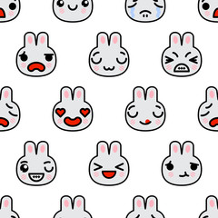 Seamless pattern with cute kawaii emoji rabbits vector cartoon illustration
