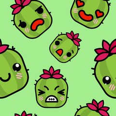 Seamless pattern with cute kawaii emoji cacti vector cartoon illustration