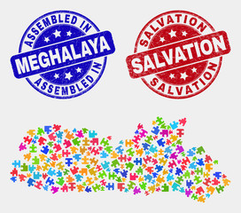 Assemble Meghalaya State map and blue Assembled seal stamp, and Salvation textured seal stamp. Bright vector Meghalaya State map mosaic of plug-in bricks. Red rounded Salvation stamp.