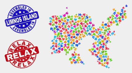 Element Limnos Island map and blue Assembled seal stamp, and Relax scratched seal stamp. Colored vector Limnos Island map mosaic of plugin parts. Red round Relax stamp.