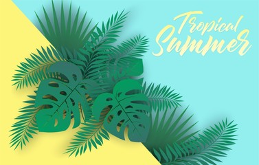 Tropical summer background . tropical leaves paper art style. Vector.