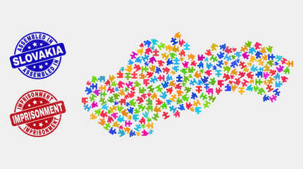 Assemble Slovakia map and blue Assembled seal stamp, and Imprisonment distress seal stamp. Bright vector Slovakia map mosaic of puzzle parts. Red round Imprisonment stamp.