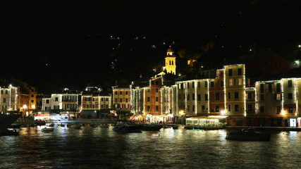 Portofino, Italy. Panorama of the harbor of the small beautiful village in night.