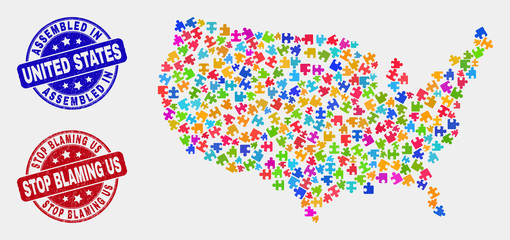Module United States map and blue Assembled watermark, and Stop Blaming Us scratched seal stamp. Bright vector United States map mosaic of puzzle components. Red rounded Stop Blaming Us stamp.