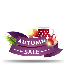 Autumn sale, discount web banner in the form of ribbons for your business with mug of hot tea and warm scarf