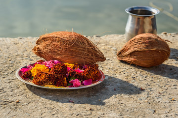 Flower and coconut for Hindi ritual at Pushkar lake in Rajasthan. India