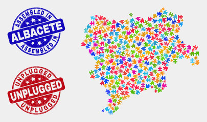 Element Albacete Province map and blue Assembled seal, and Unplugged distress seal stamp. Colorful vector Albacete Province map mosaic of plug-in connectors. Red rounded Unplugged seal.