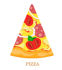 Slice of pizza with tomatoes, salami, onions, olives and basil. Vector illustration on white background.