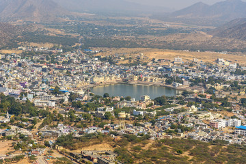 View of Pushkar lake from Savitri Mata temple on Ratnagiri hills. India