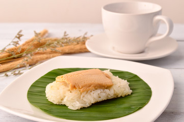 Thai dessert egg custard with sticky rice
