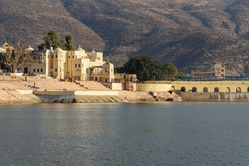 Ghats and bridge at Pushkar lake in Rajasthan. India