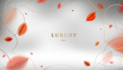 Luxury abstract Fall background with red autumn leaves and golden frame elegant decoration vector design