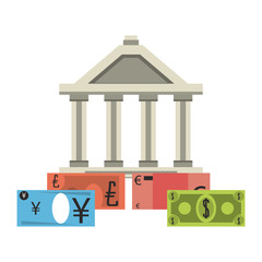Bank building with euro yen dollars cash isolated