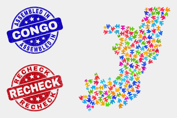 Bundle Republic of the Congo map and blue Assembled seal stamp, and Recheck textured seal stamp. Bright vector Republic of the Congo map mosaic of plugin units. Red rounded Recheck imprint.