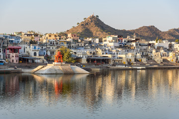 Ghats and temple at Pushkar lake in Rajasthan. India