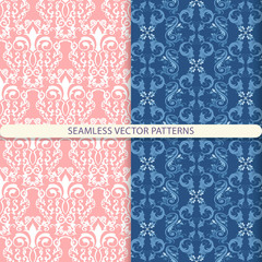 Abstract seamless vector patterns with white, blue, blue ornament elements on blue and light red background. Print for textiles, wrapping paper, design for wallpaper, furniture and packaging