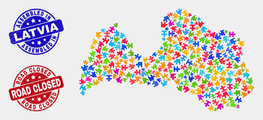 Element Latvia map and blue Assembled seal stamp, and Road Closed scratched stamp. Colorful vector Latvia map mosaic of plug-in modules. Red rounded Road Closed seal.