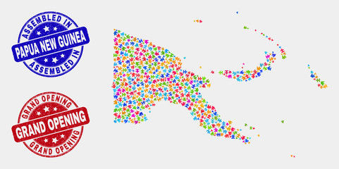 Module Papua New Guinea map and blue Assembled stamp, and Grand Opening grunge stamp. Bright vector Papua New Guinea map mosaic of plugin. Red round Grand Opening stamp.