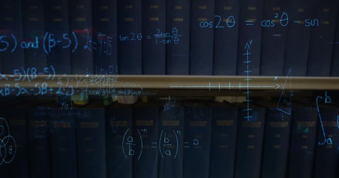 Mathematical equations with figures and a book shelf