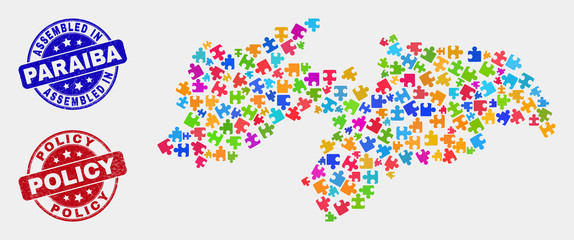 Element Paraiba State map and blue Assembled seal stamp, and Policy textured stamp. Colored vector Paraiba State map mosaic of plugin items. Red rounded Policy stamp.